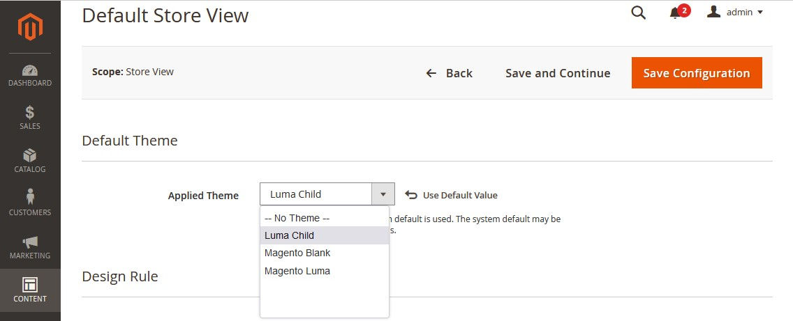 attivazione tema child Magento 2