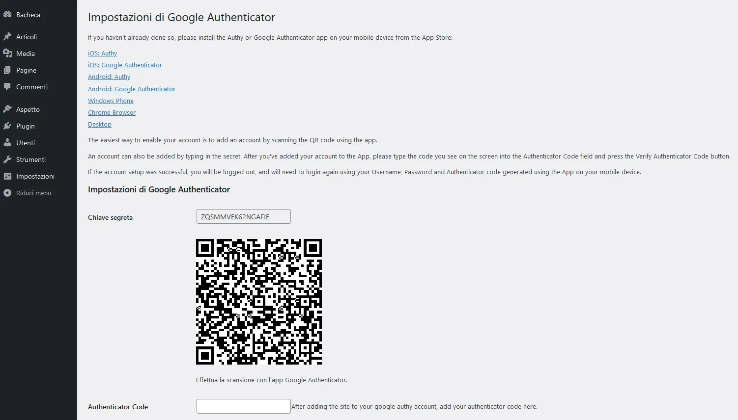Configurazione google authenticator