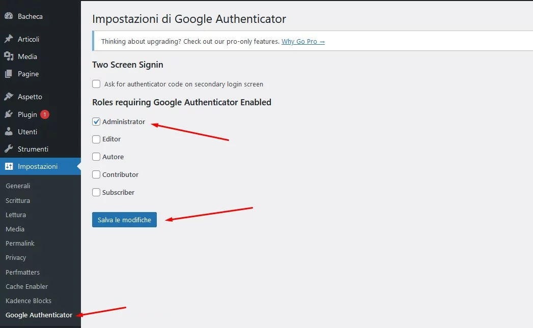 Impostazioni google authenticator