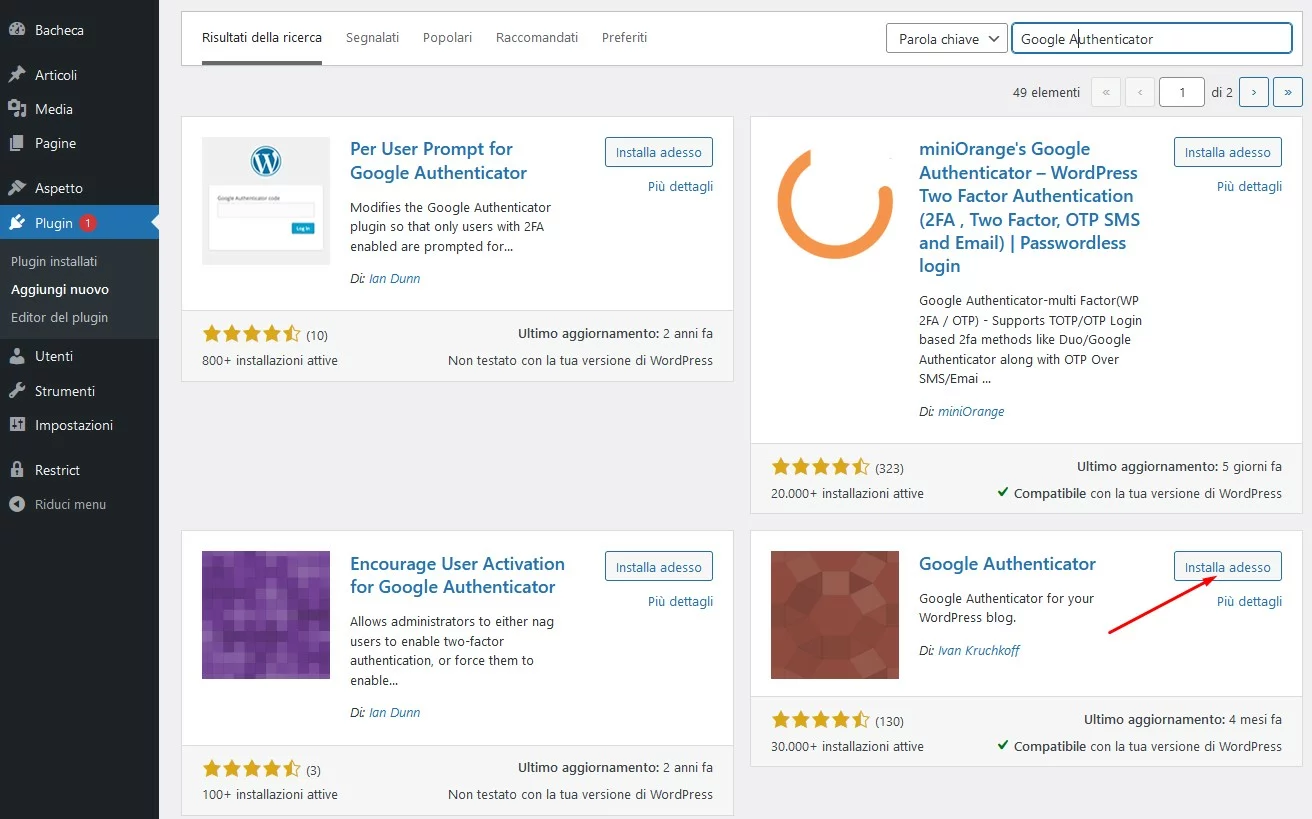 Installazione plugin Google Authenticator