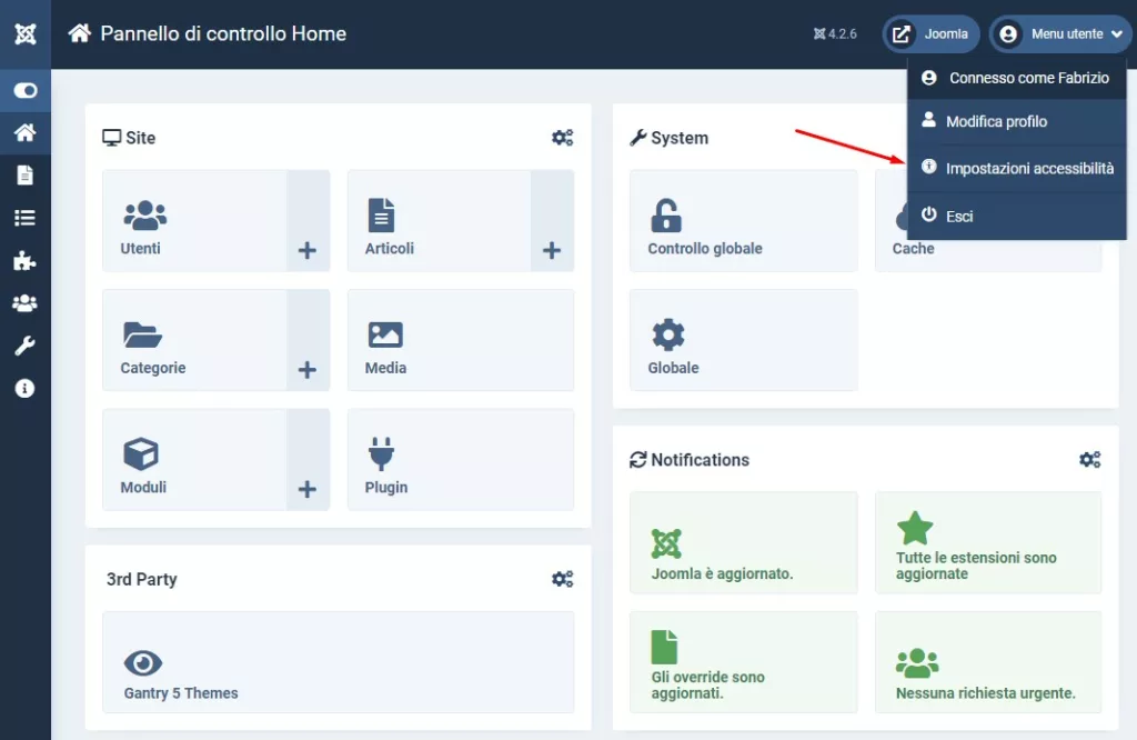 Impostazioni accessibilità del menu utente