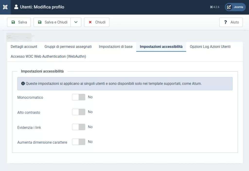 Opzioni disponibili per l'accessibilità utenti