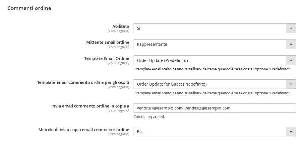 Configurazione commenti ordine