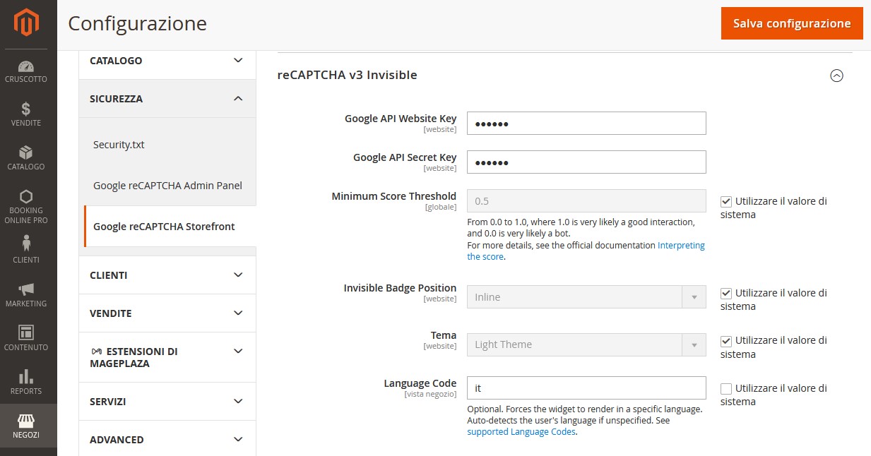 Configurazione reCAPTCHA Magento 2